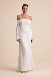 Saintclair White Satin Off-the-Shoulder Long Sleeve Maxi Dress