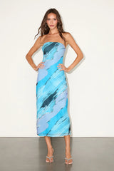 Jaylah Light Blue Multi Mesh Strapless Midi Dress