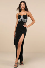Divine Extravagance Black Rhinestone Fringe Bustier Maxi Dress