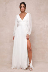 Enchant My Love White V-Neck Long Sleeve Maxi Dress