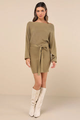 Modern Comfort Olive Green Dolman Sleeve Mini Sweater Dress