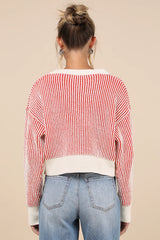 Attractively Cozy Red and White Striped V-Neck Pullover Sweater