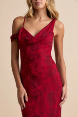 Minnie Red Satin Jacquard Asymmetrical Maxi Dress
