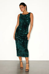 Oslah Emerald Velvet Sequin Cowl-Back Midi Dress