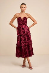 Dorina Burgundy Shadow Print Strapless Tiered Midi Dress