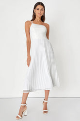 Wondrous Muse Navy Blue Pleated One-Shoulder Midi Dress