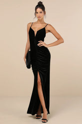 Stunning Invitation Black Velvet Ruched Sleeveless Maxi Dress