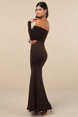 Effortlessly Stunning Dark Brown Off-the-Shoulder Maxi Dress
