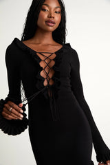 Haylea Black Ribbed Lace-Up Ruffled Sweater Mini Dress