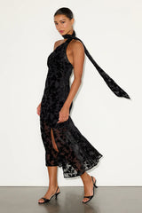 Alis Black Velvet Burnout One-Shoulder Sash Midi Dress
