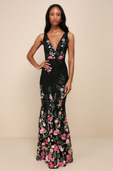Soiree Blossom Black Floral Embroidered Mermaid Maxi Dress