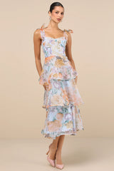 Playfully Posh Blush Floral Organza Tie-Strap Tiered Midi Dress