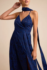 Mahira Navy Satin Jacquard Surplice Sash Scarf Maxi Dress