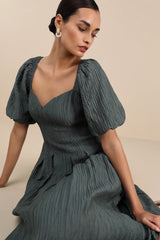 Heavenly Energy Sage Textured Puff Sleeve Pleated Midi Dress