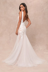 Exceptional Vow White Tulle Lace Applique Mermaid Maxi Dress
