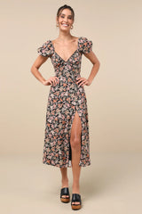Meadow Muse Green Floral Tie-Back Puff Sleeve Midi Dress