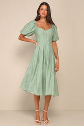 Heavenly Energy Sage Textured Puff Sleeve Pleated Midi Dress