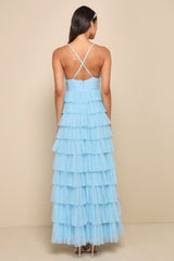 Radiant Event Lavender Mesh Tiered Ruffled Backless Maxi Dress