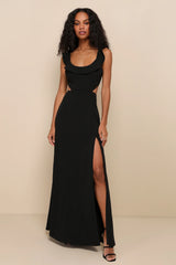 Captivating Charisma Black Ruffled Cutout Tie-Back Maxi Dress