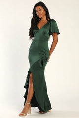 Eternal Bond Emerald Satin Ruffled Flutter Sleeve Maxi Dress