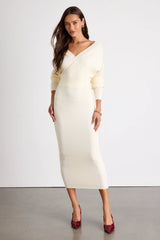 Bixby Ivory Ribbed Surplice Bodycon Sweater Midi Dress