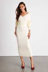 Bixby Ivory Ribbed Surplice Bodycon Sweater Midi Dress