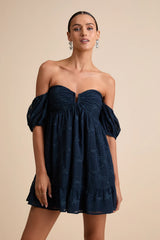 Cutest Icon Navy Embroidered Off-the-Shoulder Mini Dress