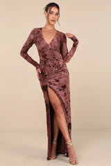 Dynamic Sensation Dark Mauve Floral Velvet Burnout Maxi Dress