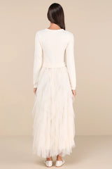 Ultimate Beauty Ivory Cable Knit Ruffled Tulle Maxi Dress
