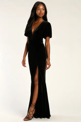 Elegant Evenings Navy Velvet Flutter Sleeve Trumpet Maxi Dress