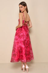 Darling Icon Dark Pink Floral Organza Lace-Up Midi Dress