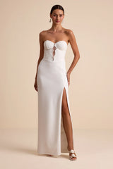 Pruitt White Lace Cutout Strapless Bustier Maxi Dress