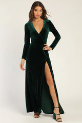 Sensational Memories Emerald Green Velvet Surplice Maxi Dres