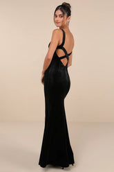 Perfectly Classy Navy Blue Velvet Strappy Maxi Dress