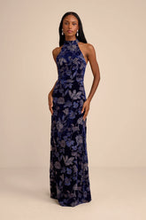 Amberline Navy Velvet Burnout Halter Maxi Dress