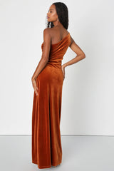 Elegant Era Olive Green Velvet One-Shoulder Maxi Dress