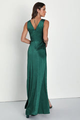 Perfect Refinement Emerald Satin Sleeveless Pleated Maxi Dress