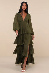 Graceful Finesse Navy Blue Pleated Long Sleeve Maxi Dress