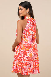 Tied Back To You Red and Pink Floral Print Mini Shift Dress