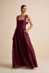 Perfected Aura Navy Jacquard Tie-Back Maxi Dress with Pockets
