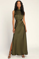 Classic Elegance Blush Satin Sleeveless Mock Neck Maxi Dress