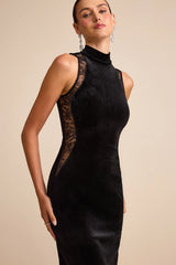 Kemalie Black Velvet Lace Mock Neck Maxi Dress