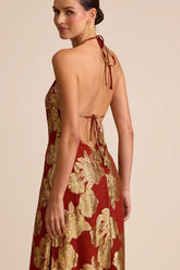 Brinley Rust and Gold Floral Jacquard Halter Maxi Dress