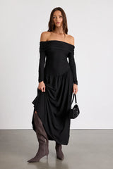 Sescca Black Off-the-Shoulder Jersey Knit Maxi Dress