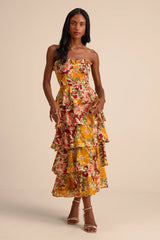 Nayha Blue Multi Floral Strapless Tiered Midi Dress