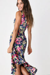 Divinely Blooming Lime Multi Floral One-Shoulder Midi Dress