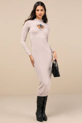 Beloved Presence Heather Beige Cutout Midi Sweater Dress