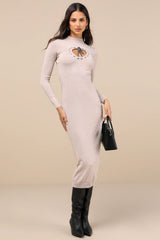 Beloved Presence Heather Beige Cutout Midi Sweater Dress