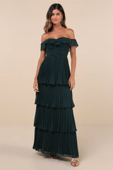 Always Remarkable Black Pleated Off-the-Shoulder Maxi Dress
