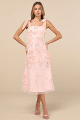 Effortlessly Sweet Blush Tulle 3D Floral Tie-Strap Midi Dress